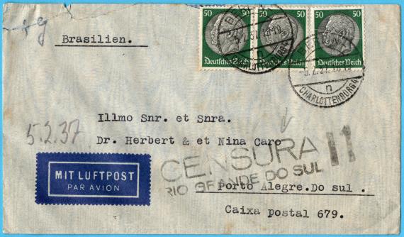 Briefumschlag - adressiert an Illmo Snr. et Snra. Dr. Herbert & et Nina Caro, Porto Alegre. Do.Sul. Caixa postal 679 - versandt von Berlin am 5. Februar 1937  