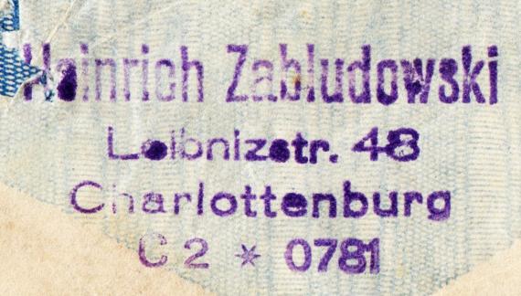Briefumschlag - Heinrich Zabludowski Envelope from " Heinrich Zabludowski, Leibnitzstr.48, Charlottenburg ", - sent on February 5, 1937 to " Dr. Herbert Caro & Nina Caro, Porto Alegre " - detail enlargement of sender's postmark