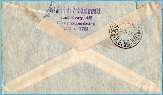 Envelope from " Heinrich Zabludowski, Leibnitzstr.48, Charlottenburg ", - sent on February 5, 1937 to " Dr. Herbert Caro & Nina Caro, Porto Alegre " - back of envelope