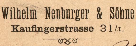 Geschäfts-Postkarte " Wilhelm Neuburger & Söhne, Kaufingerstraße 31/1, München " - versandt am 17. März 1888 -  Ausschnittvergrößerung Geschäftsadresse