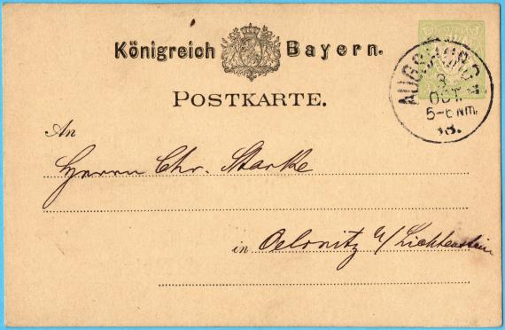 Postkarte - Besuchsankündigung der " Fa. Rosenau & Reis, Augsburg "  -  versandt am 3. Oktober 1888  