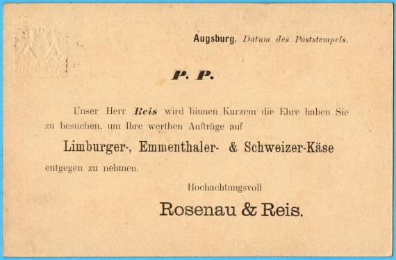 Postkarte - Besuchsankündigung der " Fa. Rosenau & Reis, Augsburg "  -  versandt am 3. Oktober 1888  -  Kartenrückseite