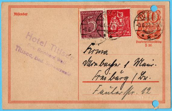 Postkarte geschäftlicher Art an " Firma Darnbacher & Maier, Freiburg /Br.  Faulerstr.12 - versandt am 3. Juni 1922