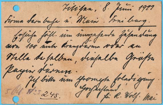 Postkarte geschäftlicher Art an " Firma Darnbacher & Maier, Freiburg /Br.  Faulerstr.12 - versandt am 3. Juni 1922  -  Kartenrückseite