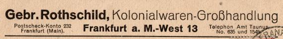 Geschäfts-Postkarte der " Gebr. Rothschild, Kolonialwaren-Großhandlung, Frankfurt a. M.-West 13, Landgrafenstr.12 " - versandt am 28. Oktober 1922 - Ausschnittvergrößerung Geschäftsadresse
