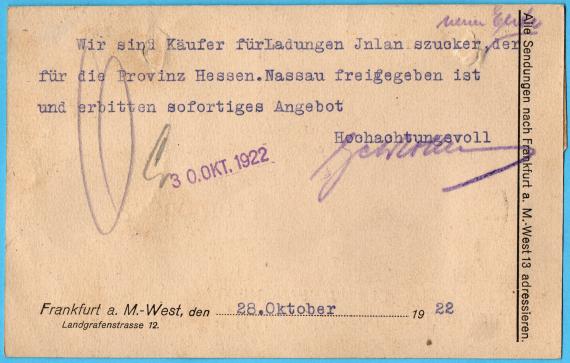 Geschäfts-Postkarte der " Gebr. Rothschild, Kolonialwaren-Großhandlung, Frankfurt a. M.-West 13, Landgrafenstr.12 " - versandt am 28. Oktober 1922 - Kartenrückseite