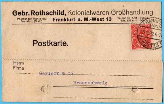 Geschäfts-Postkarte der " Gebr. Rothschild, Kolonialwaren-Großhandlung, Frankfurt a. M.-West 13, Landgrafenstr.12 " - versandt am 28. Oktober 1922 