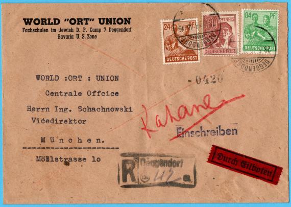 Briefumschlag der World "ORT" Union - Fachschulen im Jewish D. P. Camp 7 - Deggendorf, Bavaria  U.S.Zone - versandt 28. Mai 1948 an das World "ORT" Union Centrale Office, Herrn Ing. Schachnowski, Vicedirektor,  München, Möllstraße 10 