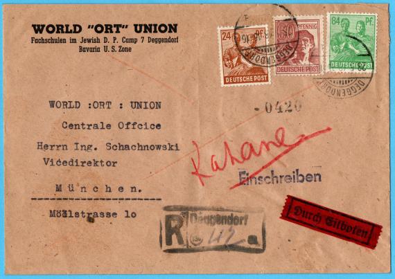 Briefumschlag der World "ORT" Union - Fachschulen im Jewish D. P. Camp 7 - Deggendorf, Bavaria  U.S.Zone - versandt 28. Mai 1948 an das World "ORT" Union Centrale Office, Herrn Ing. Schachnowski, Vicedirektor,  München, Möllstraße 10 