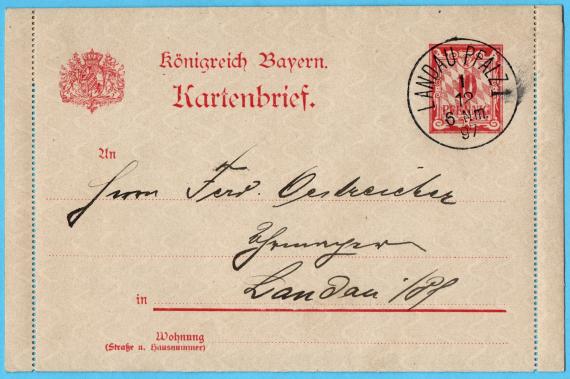 Briefumschlag - adressiert an Herrn Ferd. Oestreicher, Uhrmacher, Landau / Pf. - versandt am 1. Dezember 1897