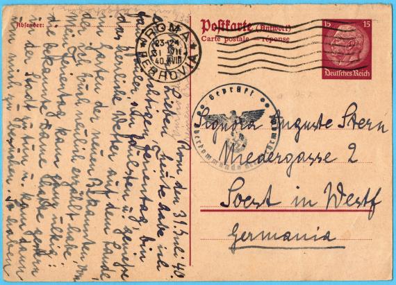 Postcard of a private nature to Signora Auguste Stern, Niedergasse 2, Soest in Westphalia, Germania - sent from Rome on July 31, 1940