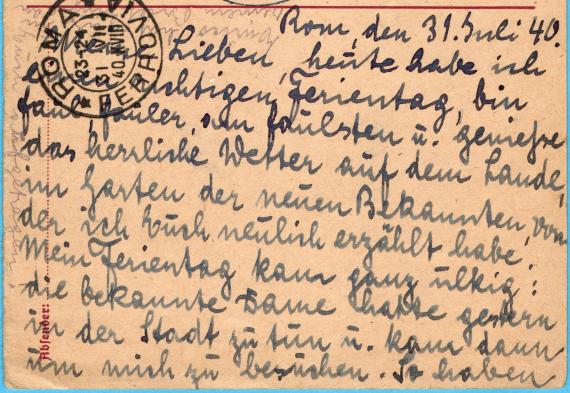 Postcard of a private nature to Signora Auguste Stern, Niedergasse 2, Soest in Westphalia, Germania - sent from Rome on July 31, 1940 - detail enlargement - text next to the postcard address