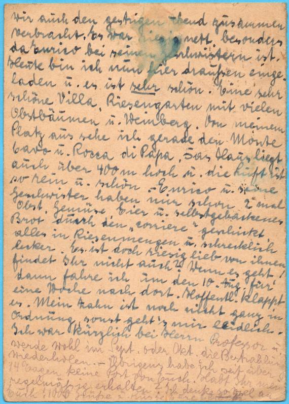 Postcard of a private nature to Signora Auguste Stern, Niedergasse 2, Soest in Westphalia, Germania - sent from Rome on July 31, 1940 - back of card