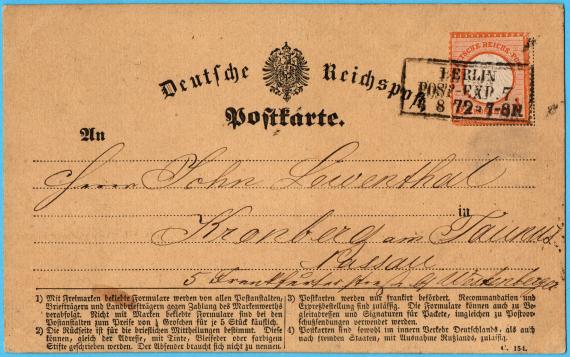 Postcard to Mr. "John Löwenthal ", Kronberg im Taunus, Nassau, 5 Frankfurterstraße b. Westenberger - sent on August 4, 1872