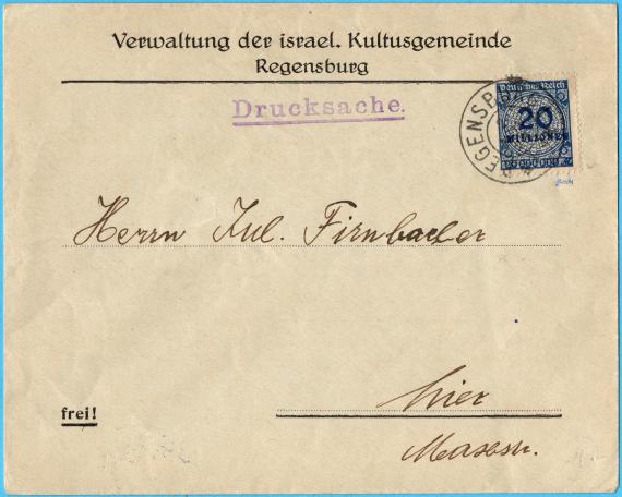 Briefumschlag der " Verwaltung der israelitischen Kultusgemeinde Regensburg " an Herrn Jul. Firnbacher, Maxstr. - versandt 1923 