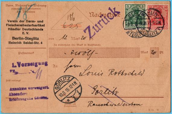 Nachnahme-Zahlkarte an Herrn Louis Rothschild, Görlitz, Rauschwalderstraße - versandt am 10. August 1915