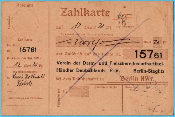 Cash on delivery payment card to Mr. Louis Rothschild, Görlitz, Rauschwalderstraße - sent on 10 August 1915 - reverse of folded card