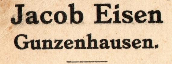 Postkarte geschäftlicher Art von " Jacob Eisen, Gunzenhausen " - versandt am 23. Januar 1912  - Ausschnittvergrößerung Geschäftsname