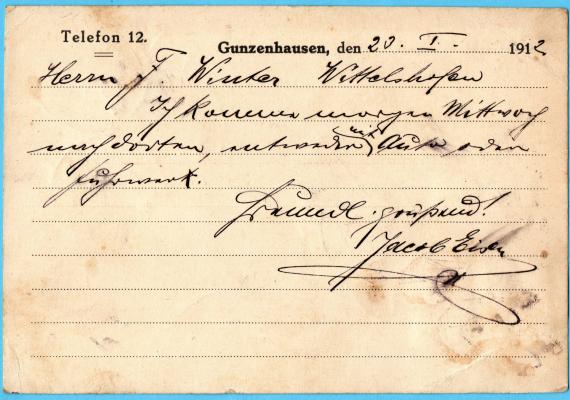 Postkarte geschäftlicher Art von " Jacob Eisen, Gunzenhausen " - versandt am 23. Januar 1912  - Kartenrückseite