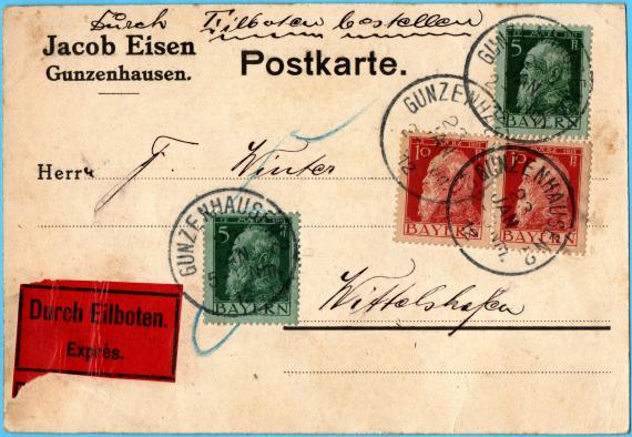 Postkarte geschäftlicher Art von " Jacob Eisen, Gunzenhausen " - versandt am 23. Januar 1912 