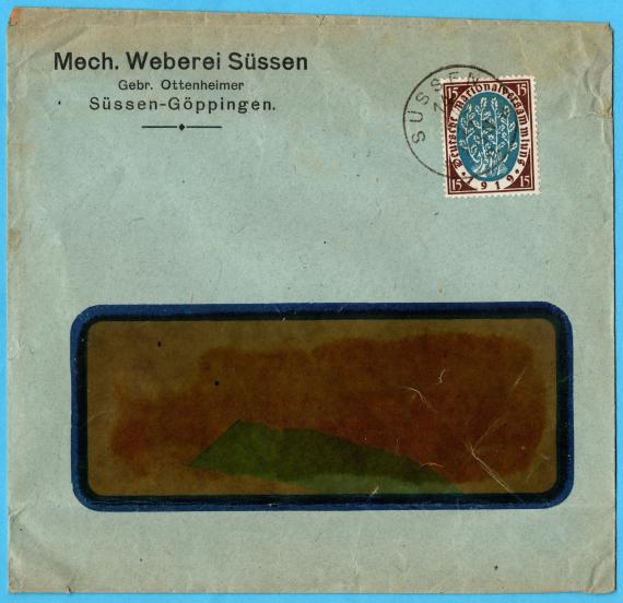 Geschäftsbriefumschlag der " Mech. Weberei Süssen - Gebr. Ottenheimer - Süssen-Göppingen " - versandt am 14. Juli 1919 