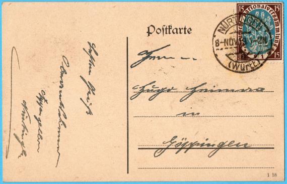 Postcard to Mr. Hugo Heumann in Göppingen - sent on November 8, 1919