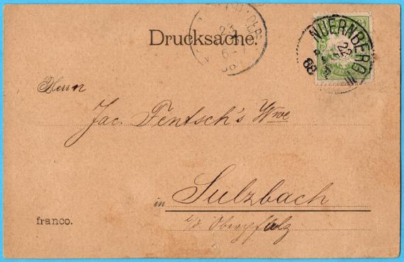 Postkarte/Empfangs-Anzeige der " Gebrüder Weinberger " in Nürnberg - versandt am 22. Februar 1888  -