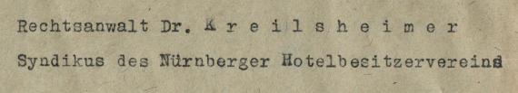 Briefumschlag an Herrn Rechtsanwalt Dr. Kreilsheimer, Syndikus des Nürnberger Hotelbesitzervereins, Nürnberg - versandt am 21. November 1922  -  Ausschnittvergrößerung Briefanschrift