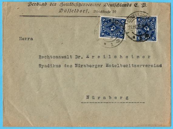 Briefumschlag - Dr. Kreilsheimer Envelope to Dr. Kreilsheimer, lawyer and legal counsel of the Nuremberg Hotel Owners' Association, Nuremberg - sent on November 21, 1922