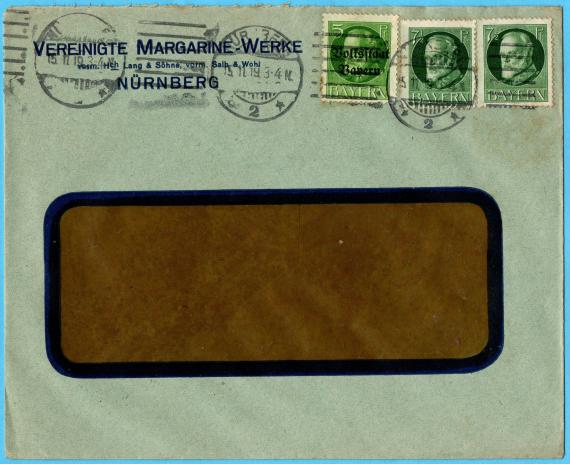 Business envelope " Vereinigte Margarine-Werke Nürnberg - vorm. Hch. Lang & Söhne, vorm. Salb & Wohl " - mailed on November 15, 1919