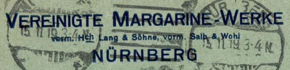 Geschäfts-Briefumschlag " Vereinigte Margarine-Werke Nürnberg - vorm. Hch. Lang & Söhne, vorm. Salb & Wohl " - versandt am 15. November 1919 - Ausschnittvergrößerung Firmenname