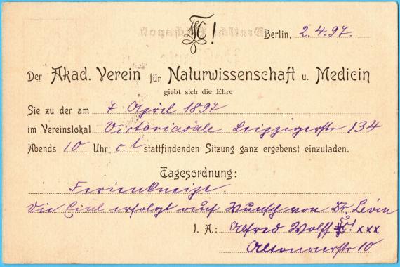 Einladung des " Akademischen Vereins für Naturwissentschaft und Medizin " an Herrn Hans Bab, stud. med. - Victoriastraße 32 - versandt am 7. April 1897  - Kartenrückseite