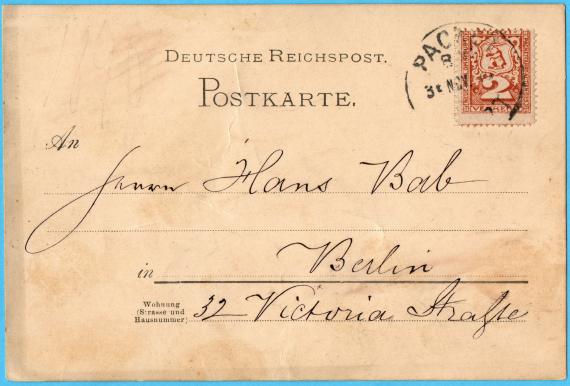 Postkarte an Herrn Hans Bab in Berlin, Victoria Straße 32 - versandt am 2. November 1890  