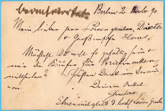 Postkarte an Herrn Hans Bab in Berlin, Victoria Straße 32 - versandt am 2. November 1890  -  Kartenrückseite