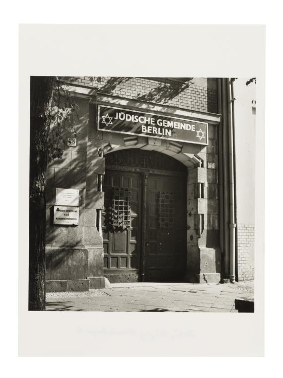 Large entrance portal with Jewish Community of Berlin sign above it