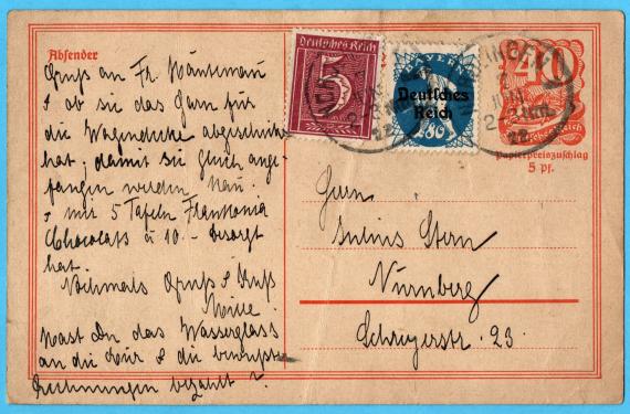 Postcard of a private nature to Mr. Julius Stern, Nuremberg, Schreyerstrasse 23 - sent on June 7, 1922