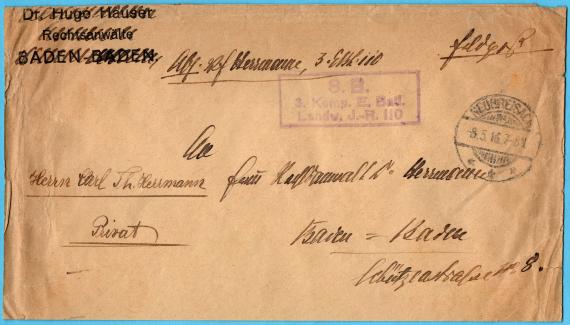 Envelope " Dr. Ernst Hermann - Dr. Hugo Hauser, lawyers, Baden Baden " - used by a third party as field post - sent on 8 May 1916