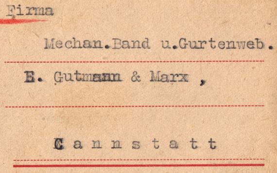 Postkarte geschäftlicher Art an " Firma Mechan. Band u. Gurtenweberei Gutmann & Marx, Cannstatt "  - versandt am 21. Dezember 1925 - Ausschnittvergrößerung Firmenanschrift