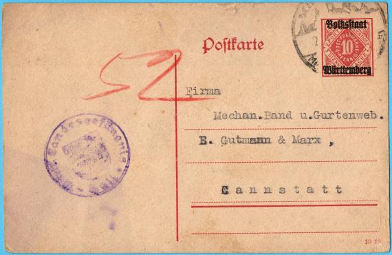 Postkarte geschäftlicher Art an " Firma Mechan. Band u. Gurtenweberei Gutmann & Marx, Cannstatt "  - versandt am 21. Dezember 1925 