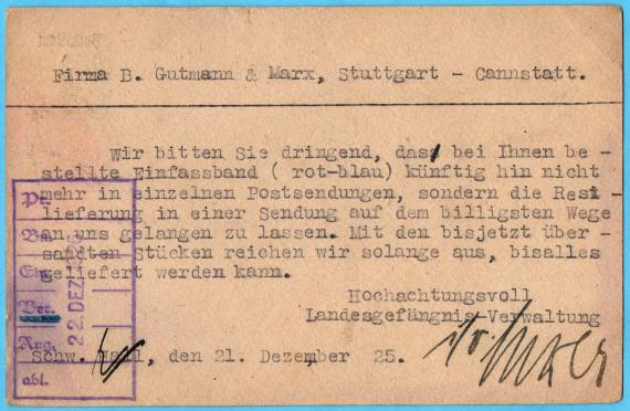 Postkarte geschäftlicher Art an " Firma Mechan. Band u. Gurtenweberei Gutmann & Marx, Cannstatt "  - versandt am 21. Dezember 1925 - Kartenrückseite