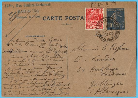 Postkarte an " Monsieur le Professeur E. Landau ", 48 Herzberger Landstaße, Göttingen (Allemagne) - versandt am 6. Dezember 1931 