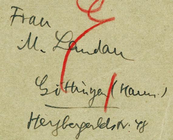 Postcard - Greeting card from Edmund Landau to his " Mrs. M. Landau ', Göttingen, Herzberger Landstraße 48 " - sent on March 28, 1930 - detail enlargement of address - postal address