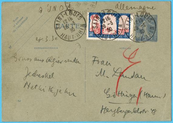 Postkarte - Grußkarte von Edmund Landau an seine " Frau M. Landau ´, Göttingen, Herzberger Landstraße 48 "  -  versandt am 28. März 1930 