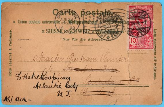 Greeting postcard to Master Bertram Samter, Scranton, Pensylania - mailed August 10, 1900 - card address side