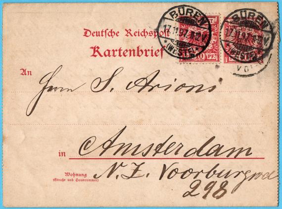 Card letter of a private-business nature to " Mr. S. Arioni, Amsterdam, N.Z. Voorburgwal 288 " - sent by " Levi Rosenthal " from Büren on November 17, 1897 - front of letter