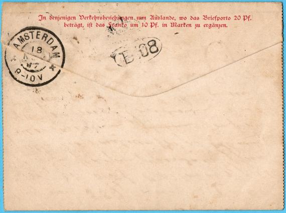 Kartenbrief privat-geschäftlicher Art an " Herrn S. Arioni, Amsterdam, N.Z. Voorburgwal 288 " - versandt am 17. November 1897  -  Brief-Rückseite mit Postankunftsstempel - Amsterdam - 18.Nov.1897  zusätzlich Briefträgerstempel