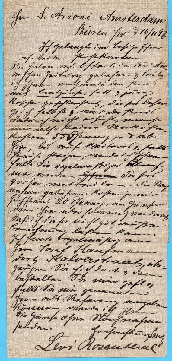 Card letter of a private-business nature to " Mr. S. Arioni, Amsterdam, N.Z. Voorburgwal 288 " - sent on November 17, 1897 - inside of letter / unfolded - with text