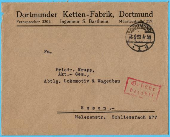 Geschäftsbriefumschlag " Dortmunder Kettenfabrik, Dortmund, Ingenieur S. Bastheim " - versandt am 6. September 1923 