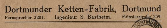 Geschäftsbriefumschlag " Dortmunder Kettenfabrik, Dortmund, Ingenieur S. Bastheim " - versandt am 6. September 1923 - Ausschnittvergrößerung Firmenanschrift