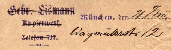 Postkarte privat-geschäftlicher Art von Benjamin Lismann, München, Wagmüllerstr.12 - versandt am 21. Juni 1899  -  Ausschnittvergrößerung Absenderadresse